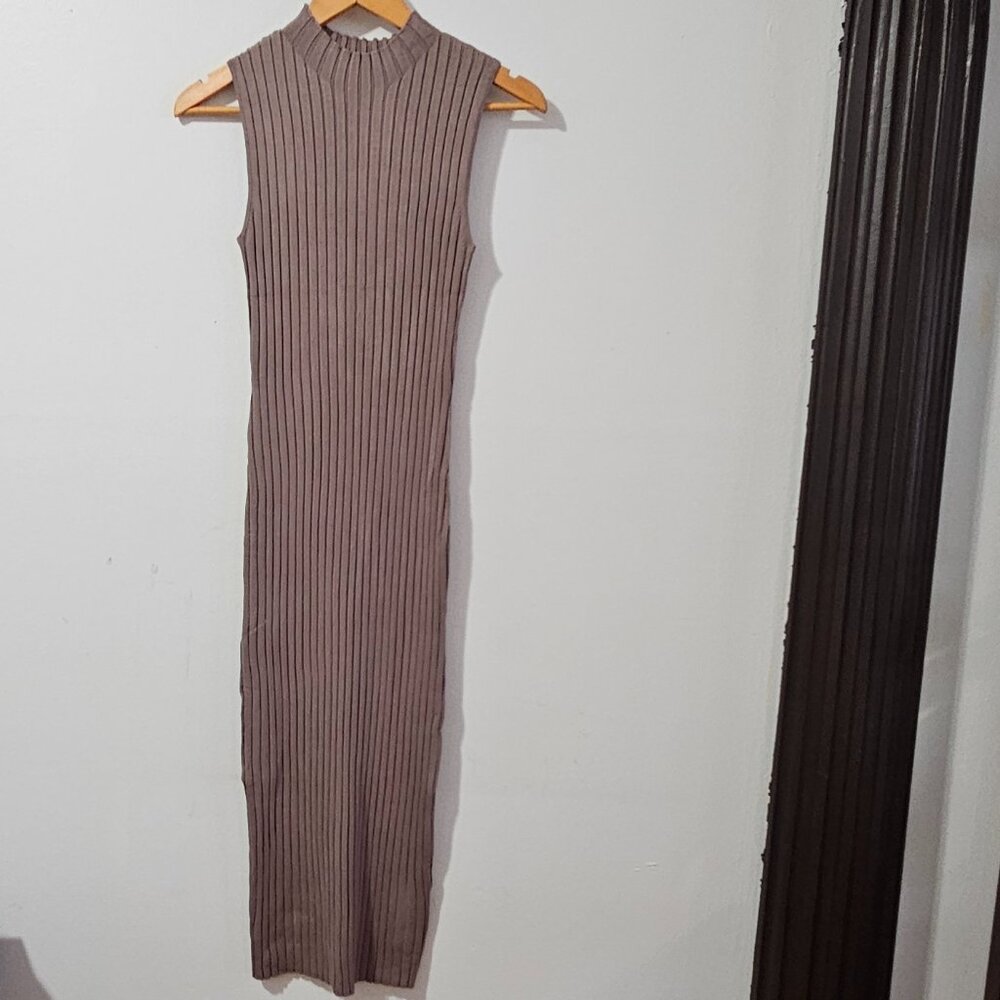 Lascana Ribbed Knit Sleeveless Mock Neck Midi Dress - Gray Taupe - W's Size 4